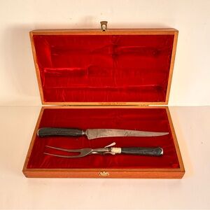 Antique Victorian Carving Knife Fork Set Folding Stabilizer Antler Handles Boxed
